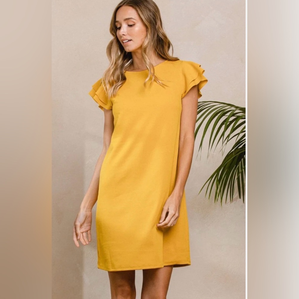 Nicole Miller Mustard Ruffle Sleeve Midi Dress